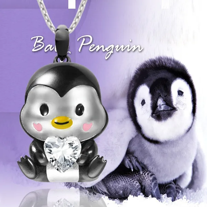 Creative 925 Sterling Silver Cartoon Penguin Heart Shape Crystal Diamond Pendant