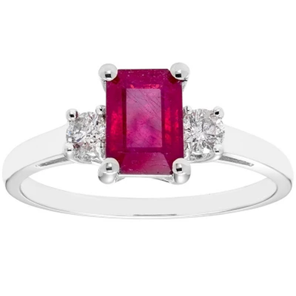 Three Stone Octagonal Ruby Ring with 0.20CT. T.W. Diamond Set in 14K Gold