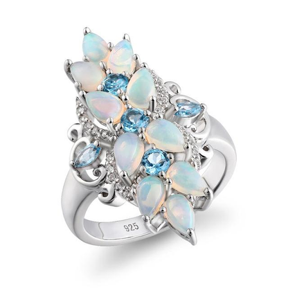 Original 925 Sterling Silver Rings for Women Natural Pear Opal Blue Topaz Gem