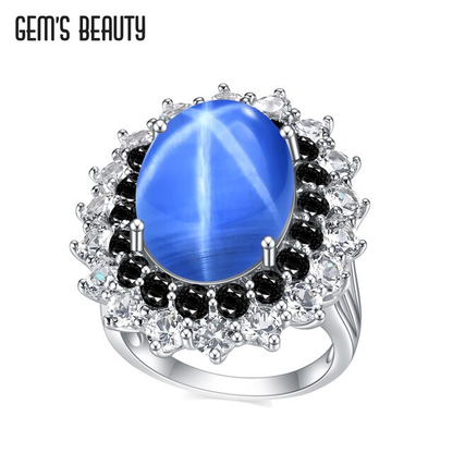 12X16Mm Lab Star Sapphire Rings 925 Silver Big Flower Rings with Lab Sapphire