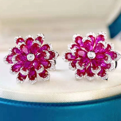 Luxury 100% 925 Sterling Silver Ruby High Carbon Diamonds Gemstone Flower Ear