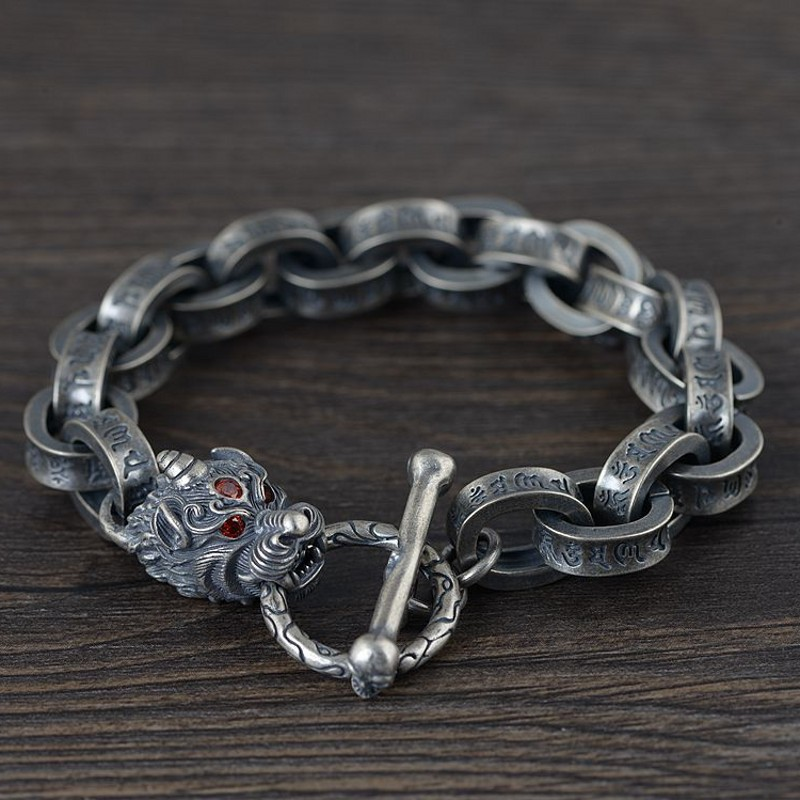 New 100% Ture Solid S925 Silver Antique Bracelet for Man Six-Word