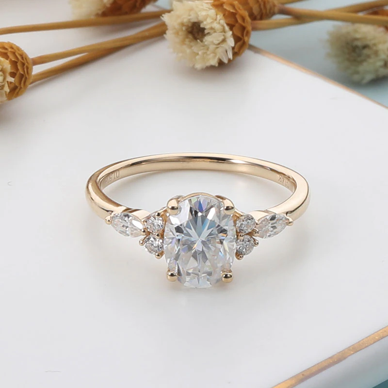 Solid 14K 585 Yellow Gold Ring 6*8Mm 1.5CTW Oval Moissanite Engagement Ring