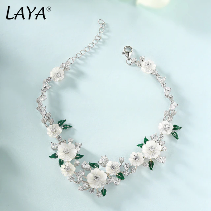 LAYA 925 Sterling Silver Fashion Natural Shell Flower Green Leaf Enamel High