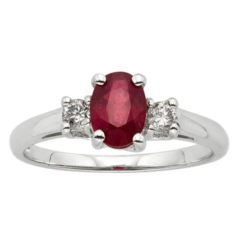 Three Stone Ruby Ring with 0.20 CT. T.W. Diamond Set in 14K Gold