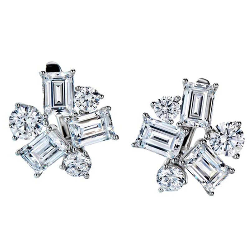 Luxury 925 Sterling Silver Emerald Cut Created Moissanite Gemstone Studs Earring