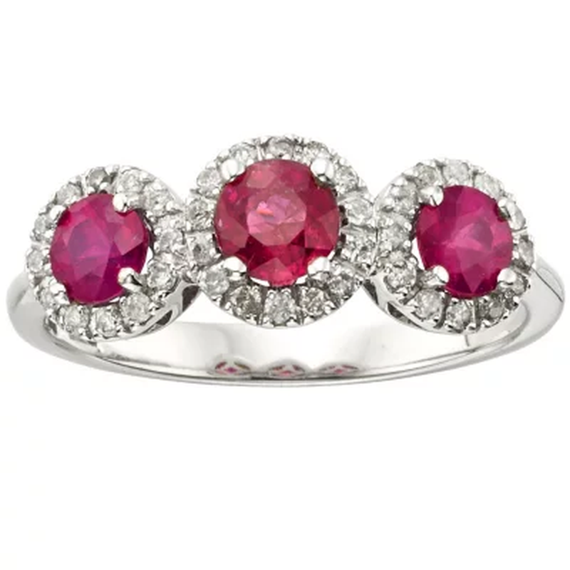 3 Stone Genuine Ruby and 0.19CT. T.W. Diamond Ring in 14K Gold
