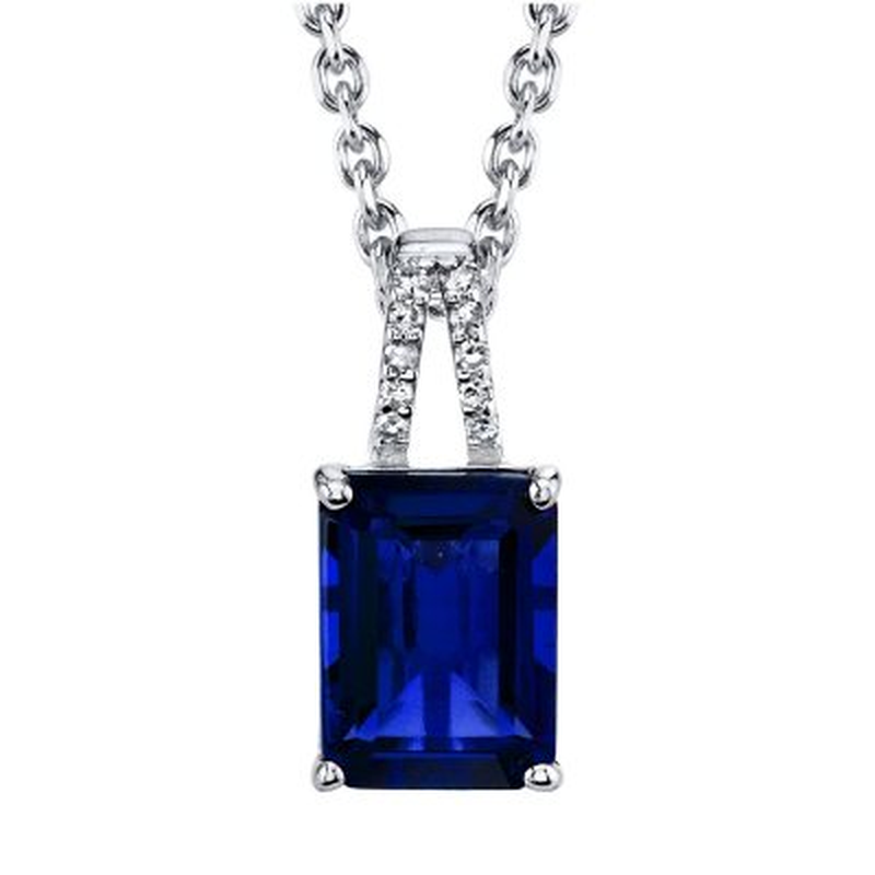 Emerald Cut Gemstone Pendant with Diamond Accent in Sterling Silver