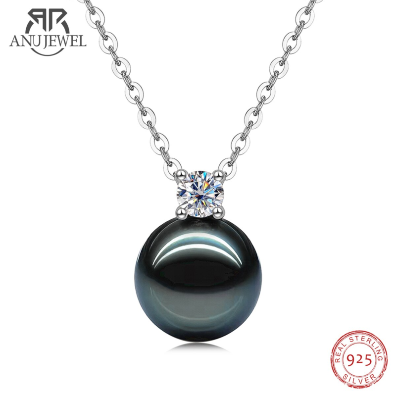 Anujewel 9-10Mm Natural Tahitian Black Pearl 0.3Ct Moissanite Diamond Necklace