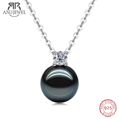 Anujewel 9-10Mm Natural Tahitian Black Pearl 0.3Ct Moissanite Diamond Necklace