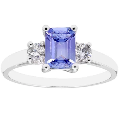 Three Stone Octogonal Tanzanite Ring with .20CT. T.W. Diamond Set in 14K Gold