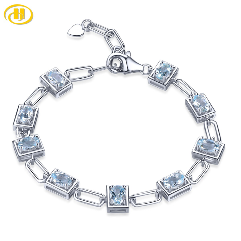 Genuine Aquamarine Solid Silver Bracelet S925 Natural Light Blue Gemstone