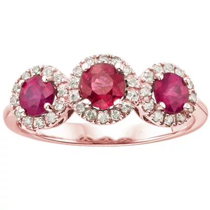 3 Stone Genuine Ruby and 0.19CT. T.W. Diamond Ring in 14K Gold