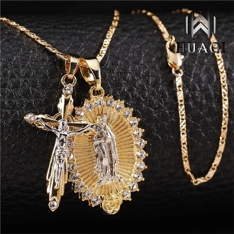 New Fashion18K Gold Plated Setting CZ Diamond Virgin Mary Necklace + Cross Neckl