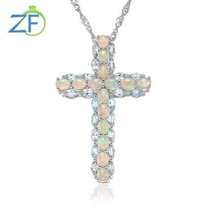 Real 925 Sterling Silver Cross Pendant for Women Natural Opal Tourmaline Mixed