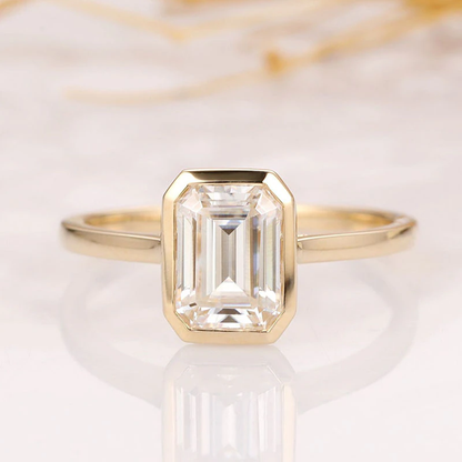 Solid 14K 585 Yellow Emerald Cut 2Ct 6*8MM Moissanite Engagement Ring for Women