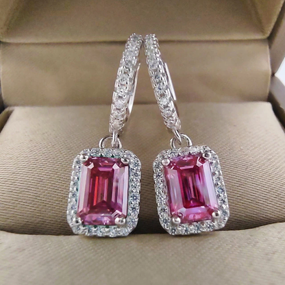 1CT 2CT 6X8MM Pink Green Emerald Cut Moissanite Earrings Pass Diamond Test 100%