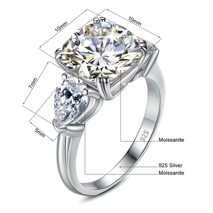 Massive 5 Carat Cushion Moissanite Ring Woman D Color Sterling Silver 925