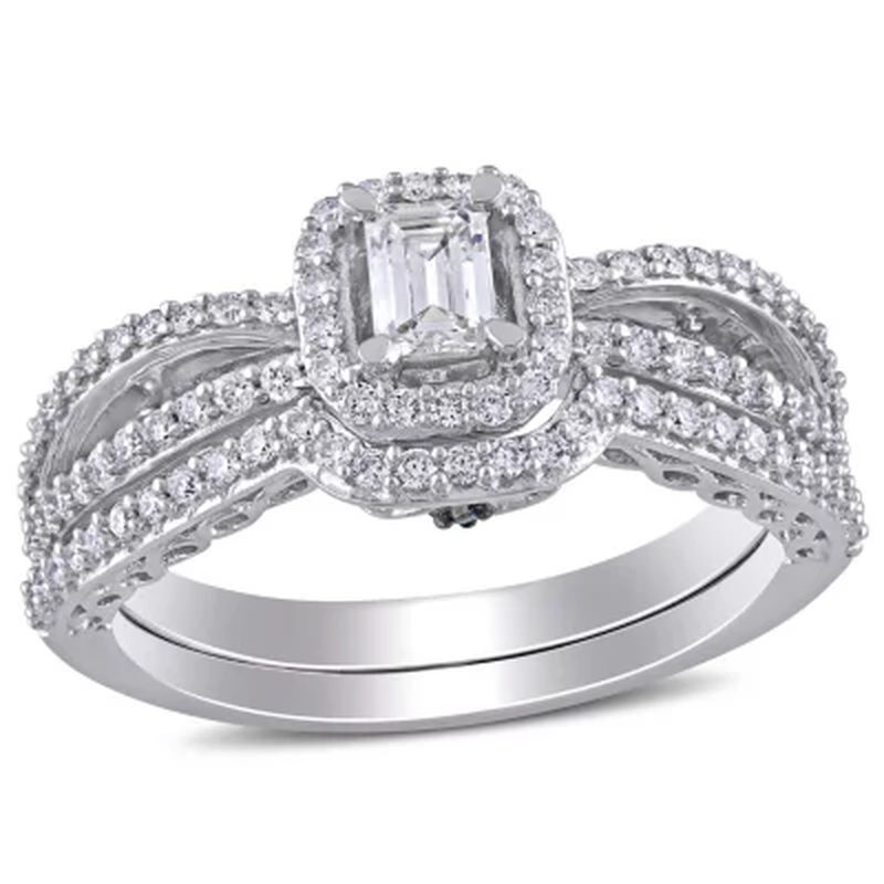 Allura 0.68 CT. T.W. Emerald and Round-Cut Diamond Bridal Set in 14K White Gold