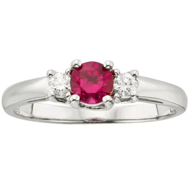 Three Stone round Ruby Ring with 0.14 CT. T.W. Diamond Set in 14K Gold