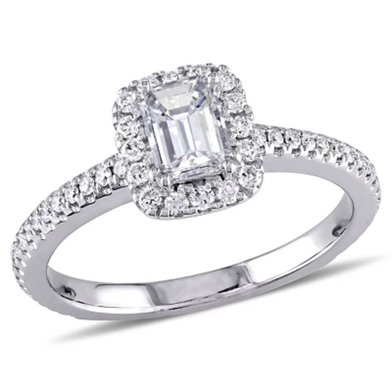 Allura 0.87 CT. T.W. Emerald-Cut Diamond Halo Engagement Ring in 14K White Gold