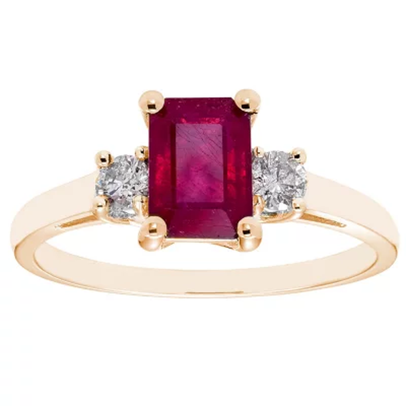 Three Stone Octagonal Ruby Ring with 0.20CT. T.W. Diamond Set in 14K Gold
