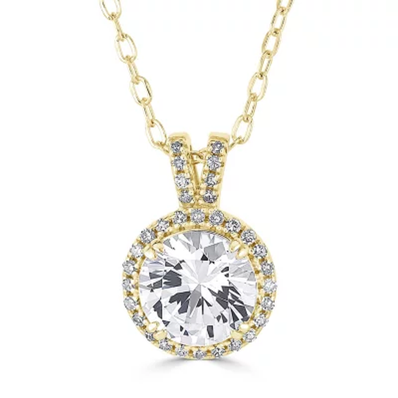 Lab Created White Sapphire with 0.11 CT. T.W. Diamond Halo Pendant in 14K Gold