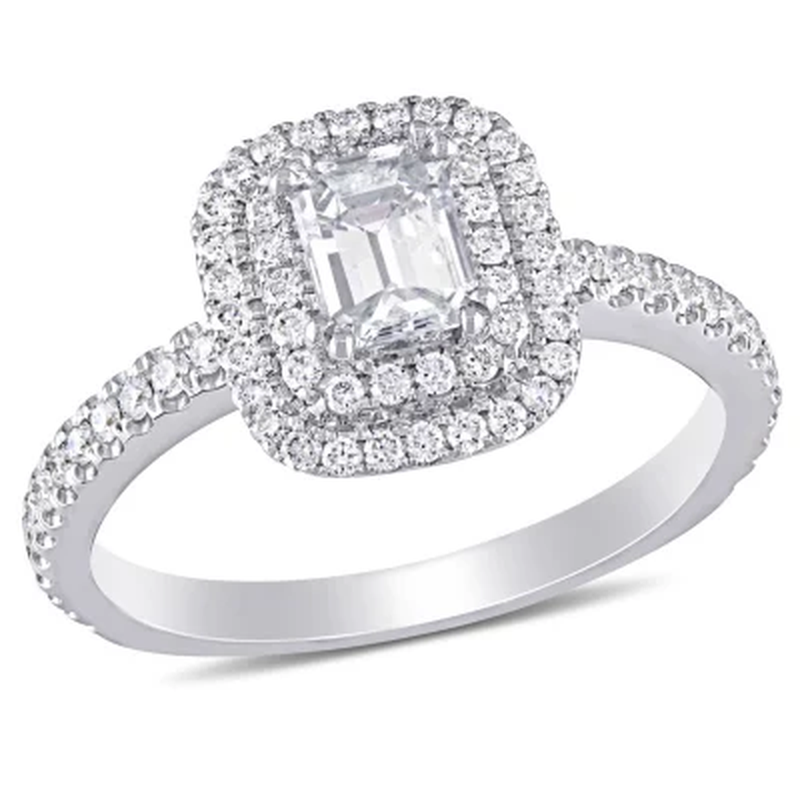 Allura 0.95 CT. T.W. Emerald and Round-Cut Diamond Double Halo Engagement Ring i