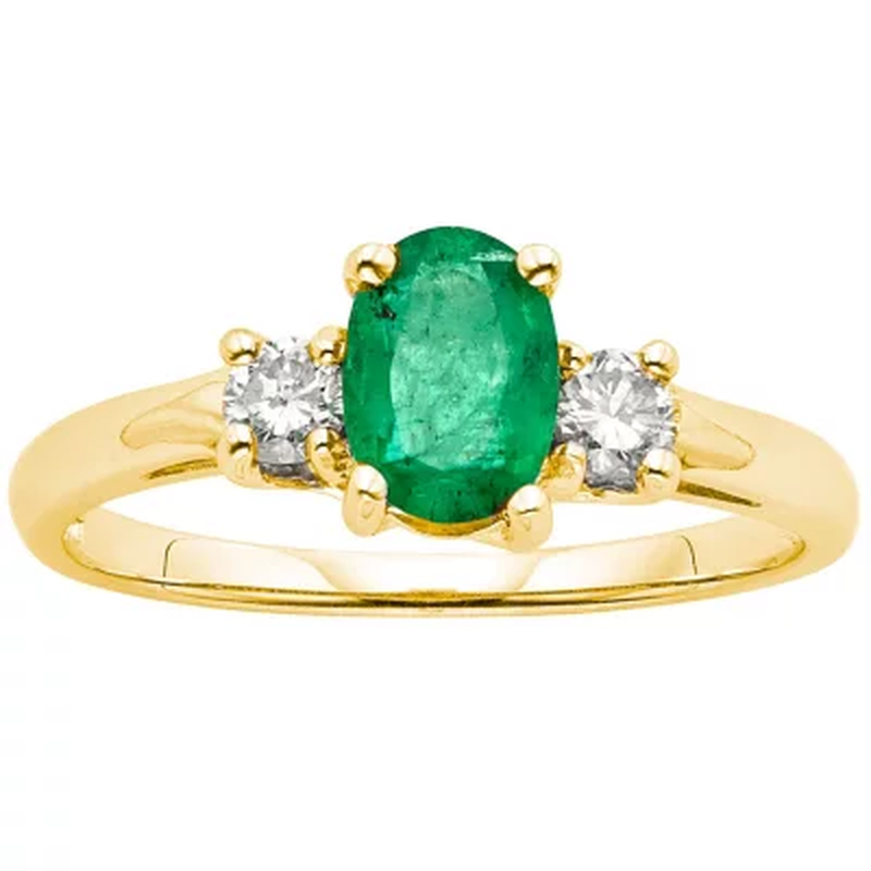 Three Stone Oval Emerald Ring with 0.20CT. T.W. Diamond Set in 14K Gold