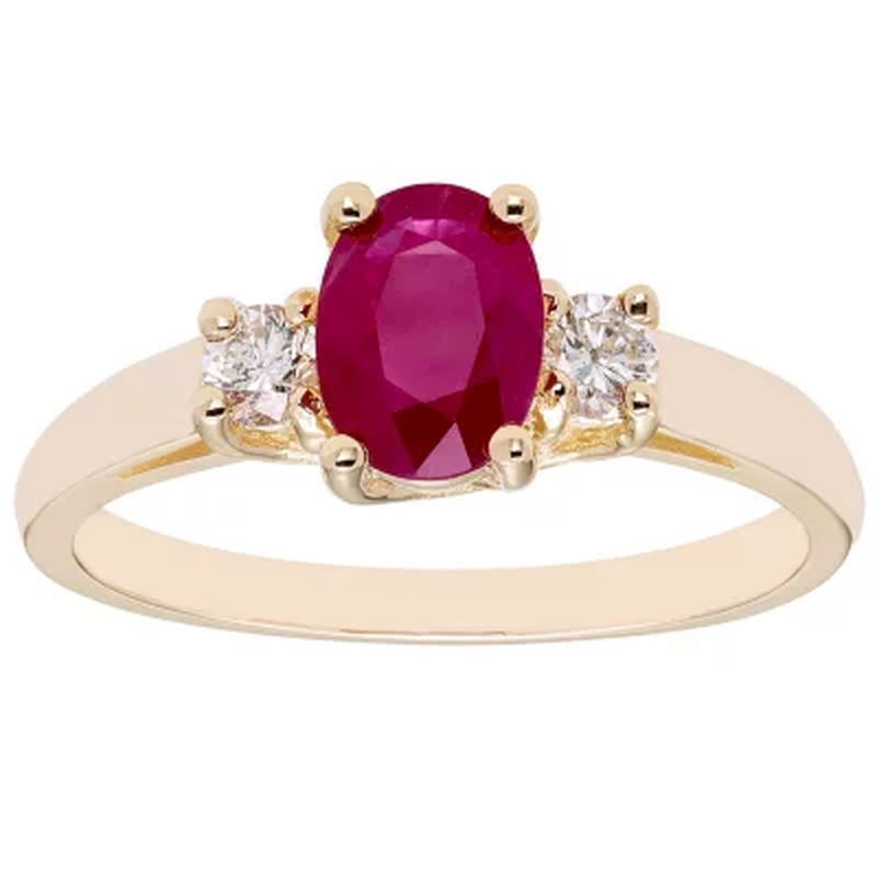 Three Stone Ruby Ring with 0.20 CT. T.W. Diamond Set in 14K Gold