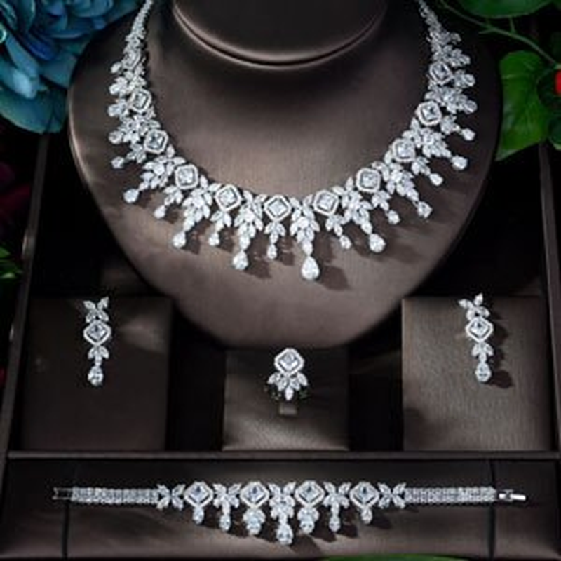 Zircons High Quality White Gold Color Cubic Zirconia Bridal Wedding Necklace