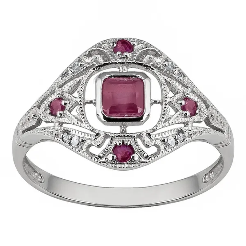 10K White Gold Vintage Style Genuine Ruby and Diamond Ring