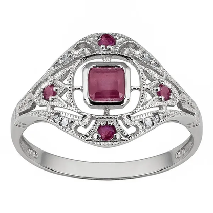 10K White Gold Vintage Style Genuine Ruby and Diamond Ring