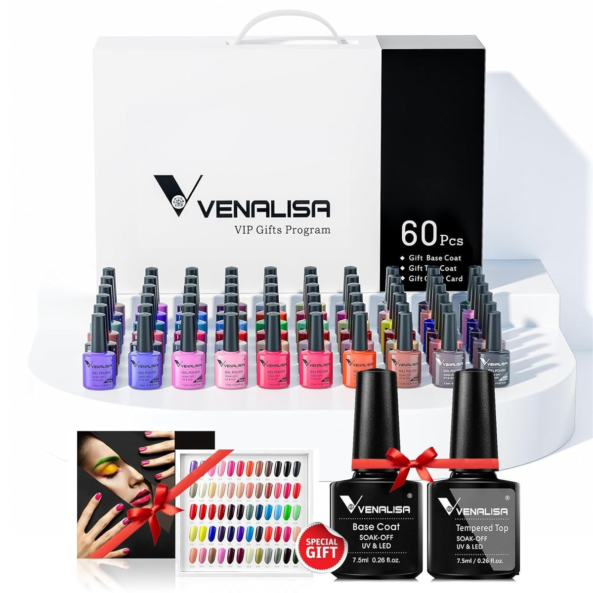 VENALISA VIP4 Gel Nail Polish Set, 60 Colors 7.5ML All Seasons Holiday Gel Polish Soak Off Glitter Nail Art Starter Kit Beauty Set for Women Girls Valentines Birthday Day Gift