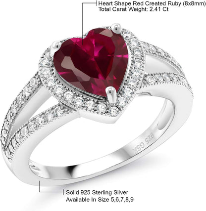 925 Sterling Silver Red Created Ruby and White Moissanite Ring for Women (2.41 Cttw, Gemstone July Birthstone, Heart Shape 8MM, Available in Size 5,6,7,8,9)
