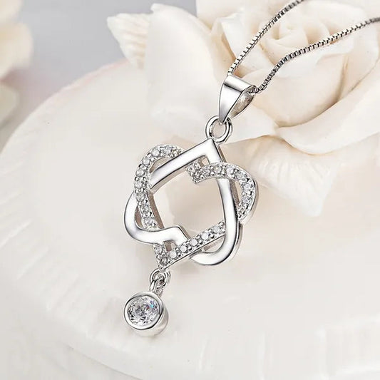 New Fashion 925 Silver  Women Double Heart Diamond Pendant Chain Necklace Jewelry Gifts for Love(Pendant and Chain)