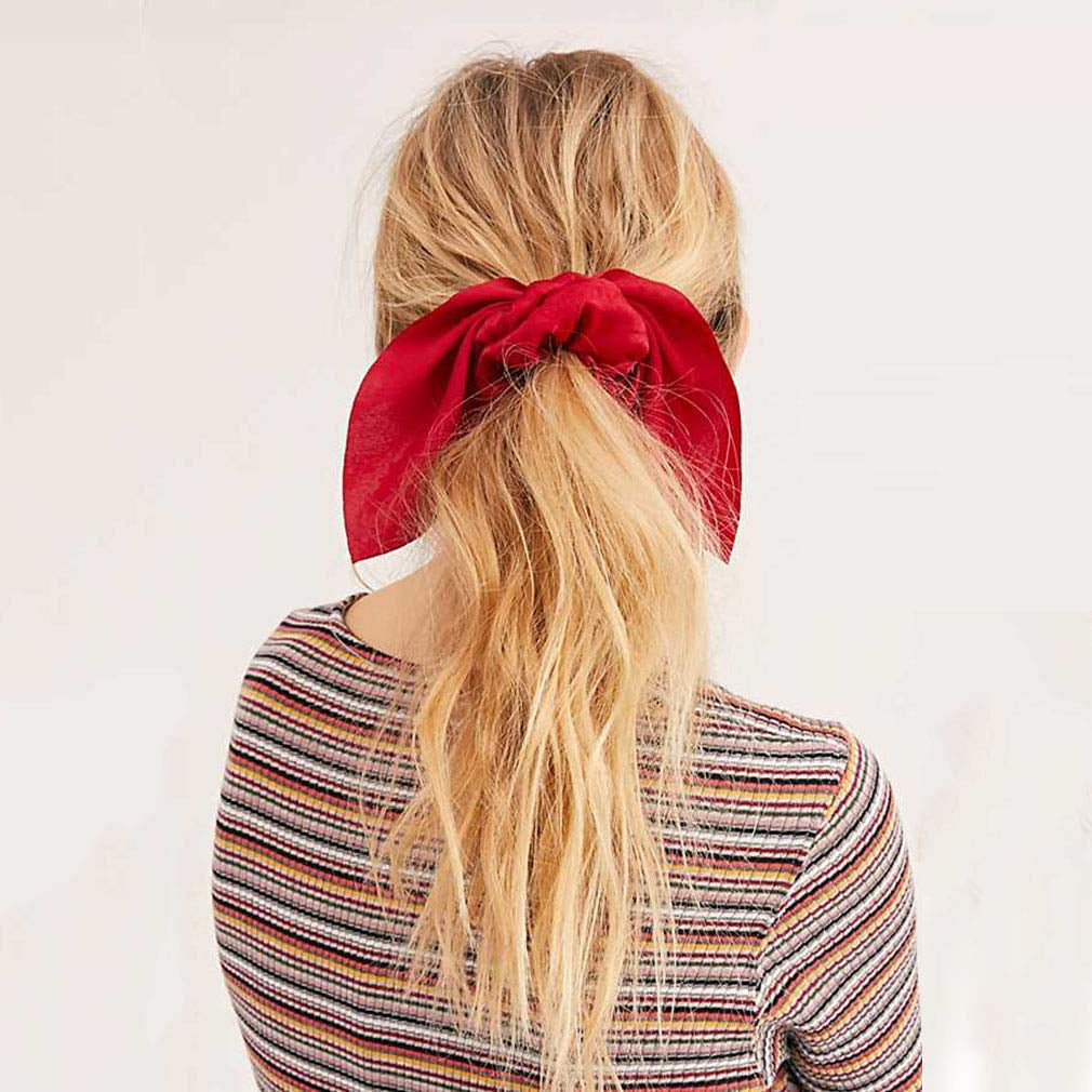 6PCS Hair Scrunchies Satin Silkrabbit Bunny Ear Bow Bowknot Scrunchie Bobbles Elastic Hair Ties Bands Ponytail Holder for Women Accessories 01 Classic Color