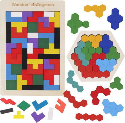 2 Pack Wooden Russian Blocks Puzzle&Hexagon Puzzles for Kids &Adults Wooden Blocks Puzzle Brain Teasers Intelligence Logic Toy Tangrams STEM Montessori Shapes Puzzles Gift for Children