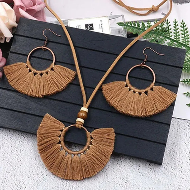 Retro Bohemia Tassel Fan-Shaped Necklace Earrings Set Tassel Jewelry Set Ethnic Big Necklace Beach Wear