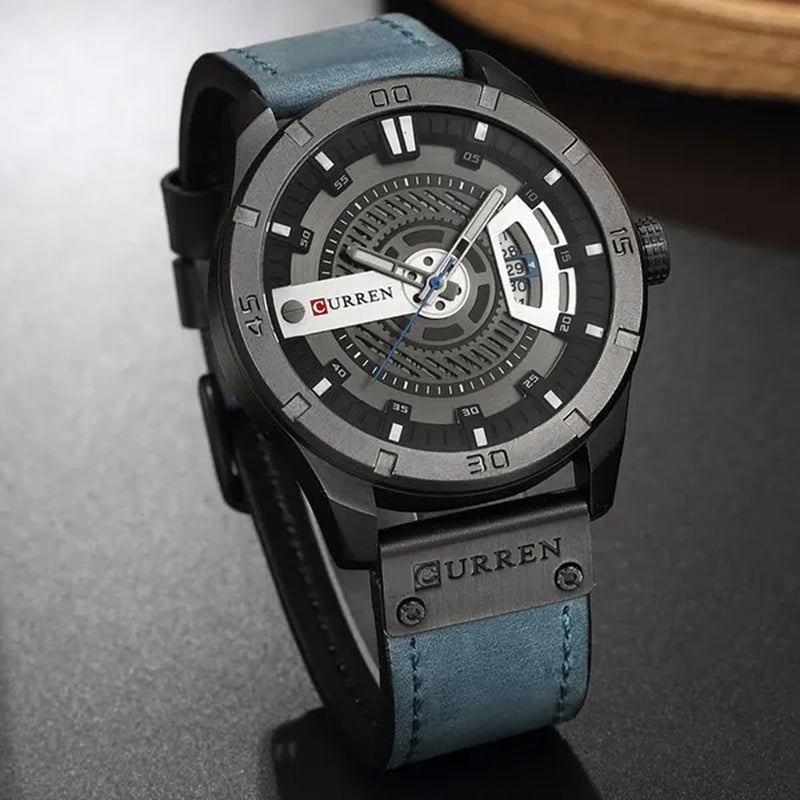 CURREN Men Watch Army Military Sports Watches Black Case Leather Strap Waterproof Date Function