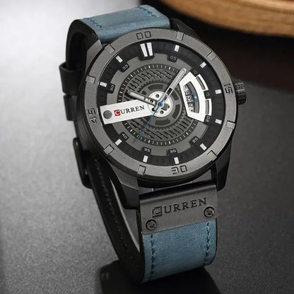 CURREN Men Watch Army Military Sports Watches Black Case Leather Strap Waterproof Date Function