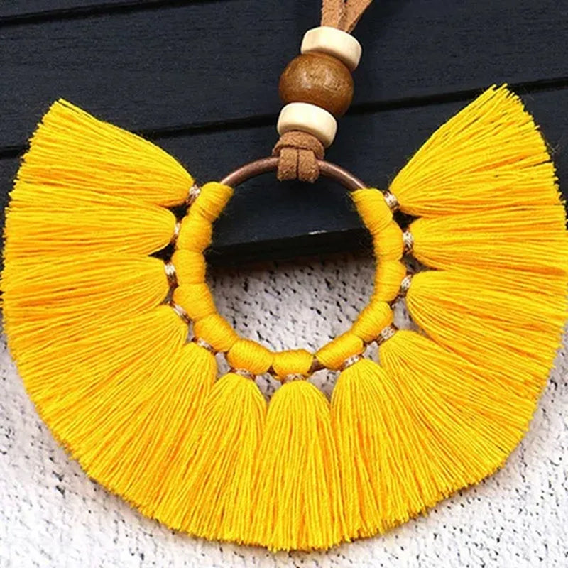 Retro Bohemia Tassel Fan-Shaped Necklace Earrings Set Tassel Jewelry Set Ethnic Big Necklace Beach Wear
