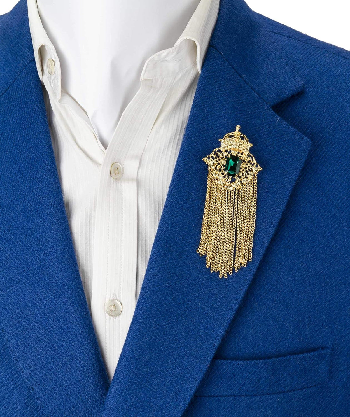 Brooch Pin Crowned Green Stone with Abstract Work and Hanging Chain Lapel Pin Accessories for Men Women