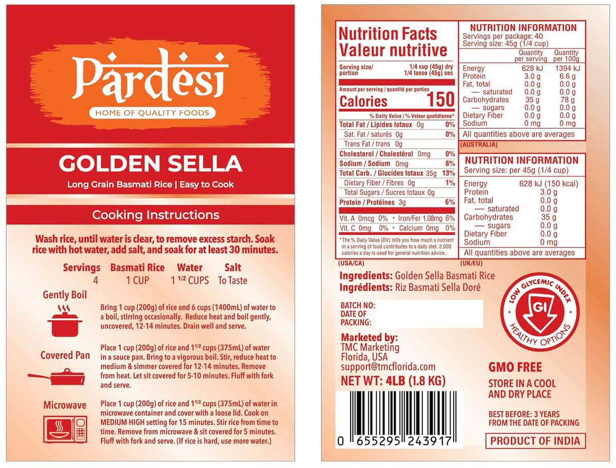 Basmati Golden Sella Parboiled Rice 4LB - Easy to Cook - Low Glycemic Index