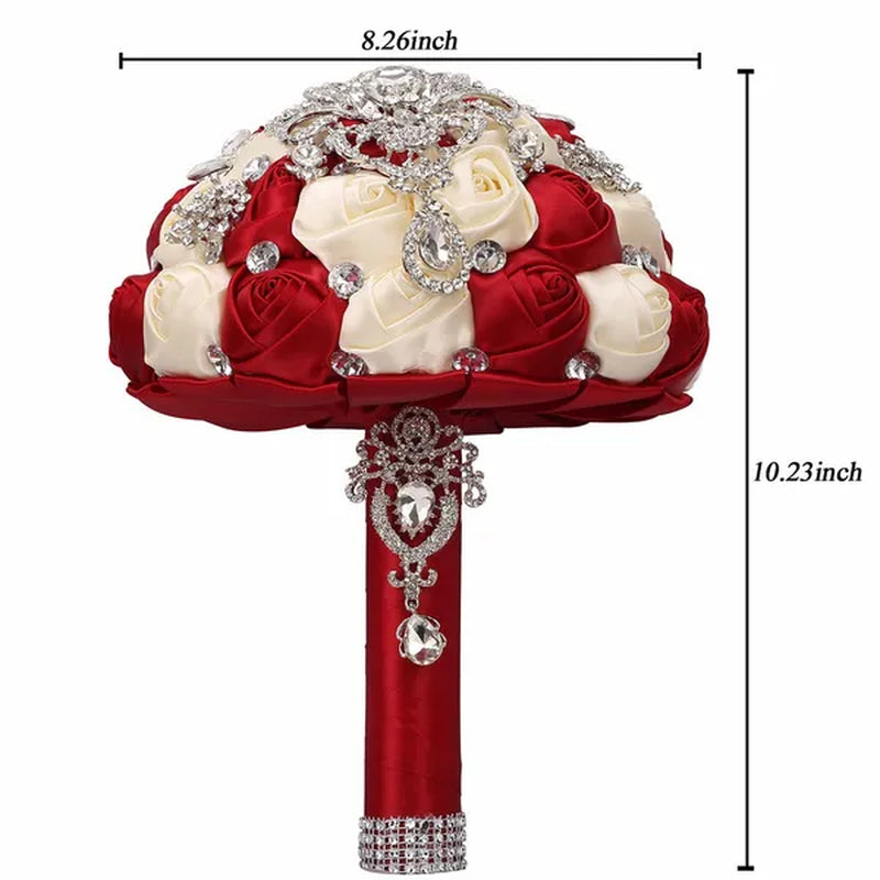 21CM Shiny Silver Rhinestone Brooch Bridal Bouquet Handmade Silk Rose Ribbon Diamond Wedding Flower Bouquet Bridesmaid Holding Flowers