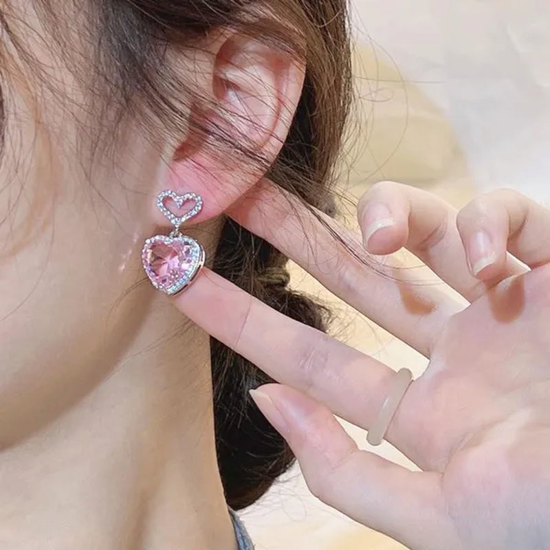 Trendy Pink Sapphire Pendant 925 Sterling Silver Heart Earrings for Women Bridal Romantic Wedding Earrings Jewelry Gift