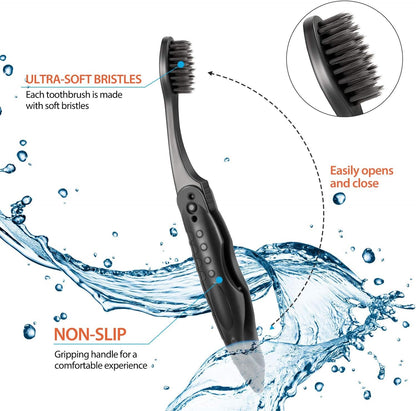 8 Packs Travel Toothbrushes Individually Wrapped Black Folding Toothbrush for Travel Camping Portable Charcoal Toothbrush with Soft Medium Bristles