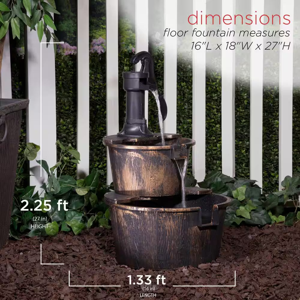 27 In. Tall 2-Tier Barrel and Pump Waterfall Fountain, Bronze Finish
