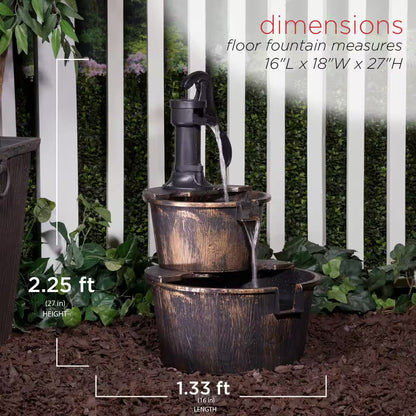 27 In. Tall 2-Tier Barrel and Pump Waterfall Fountain, Bronze Finish