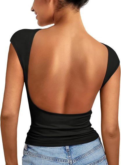 Womens Backless Tops Open Back Shirts Summer Crop Shirts Short Sleeve Cute Clothes Y2K Clothing 2025